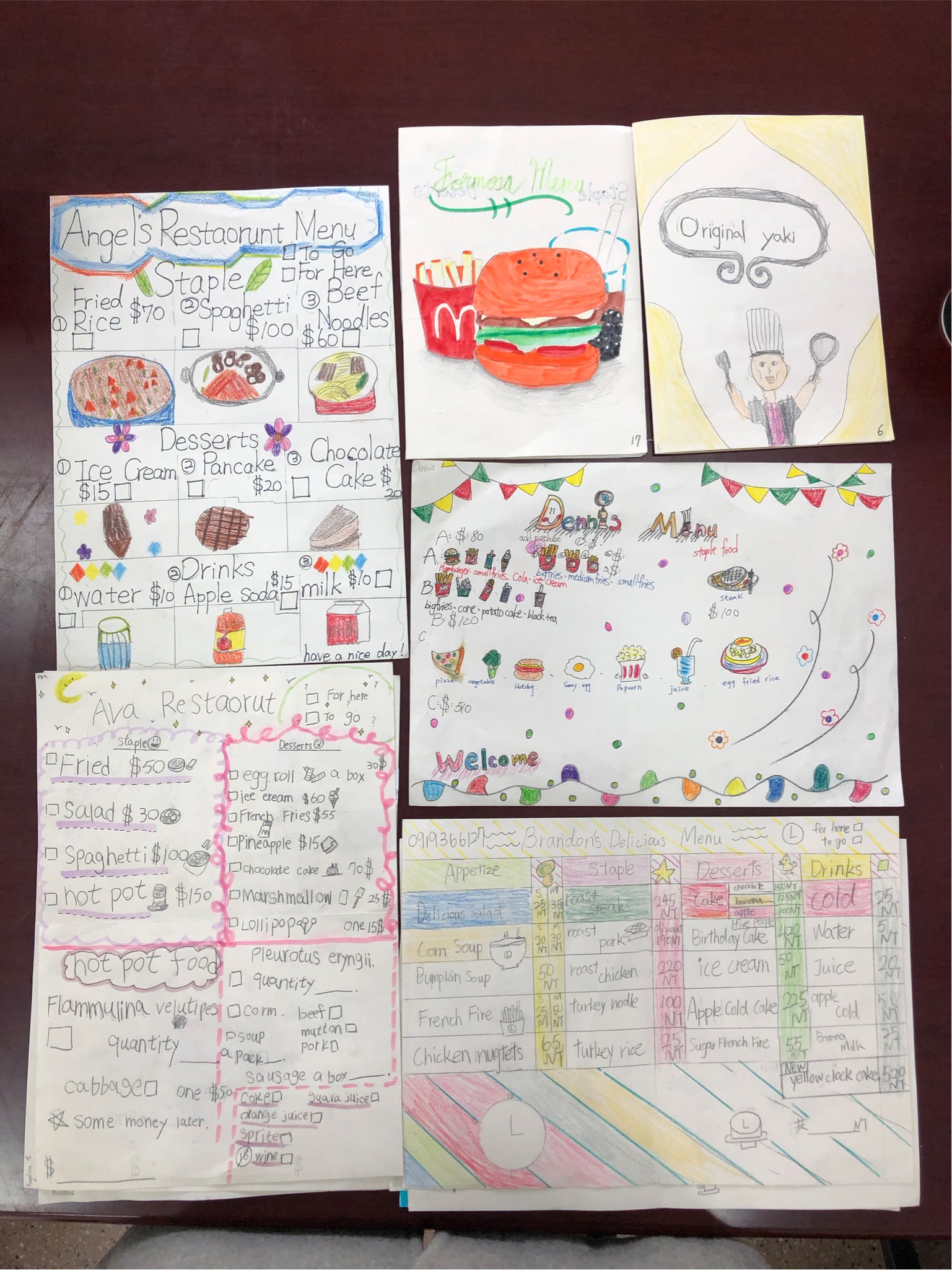 students' handmade menu