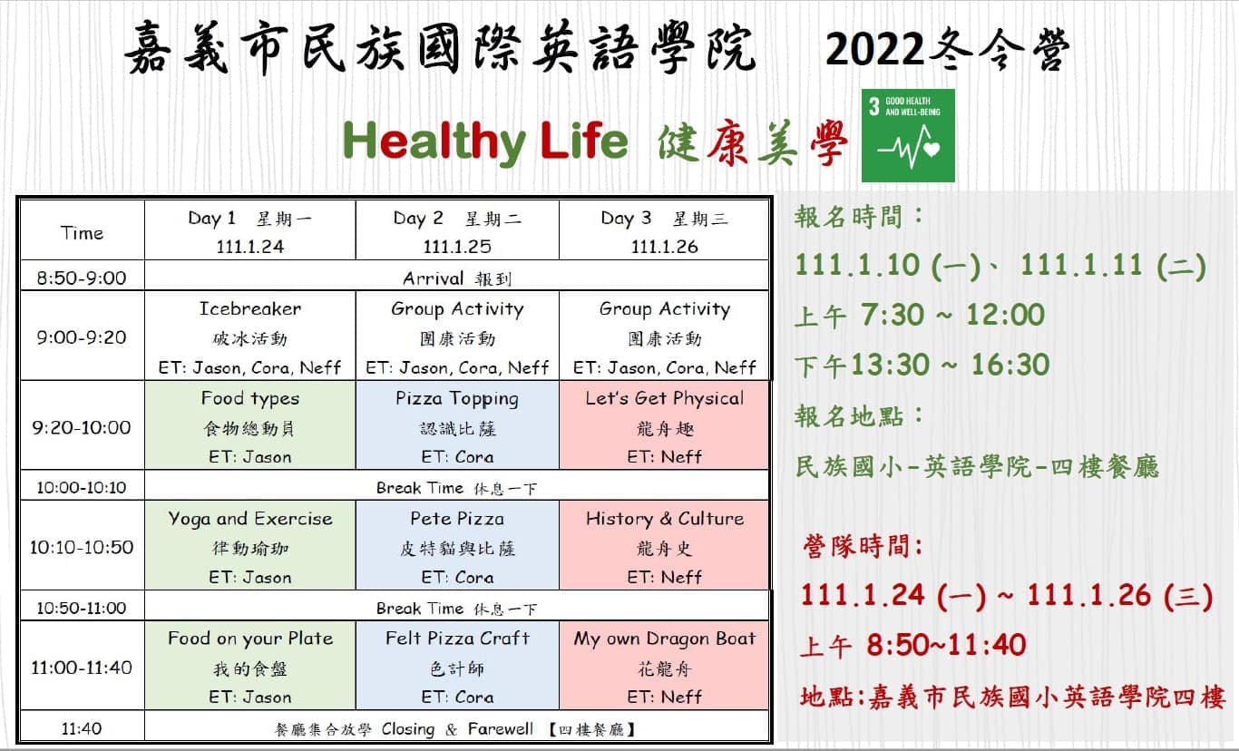 民族國際英語學院 2022冬令營 Healthy Life